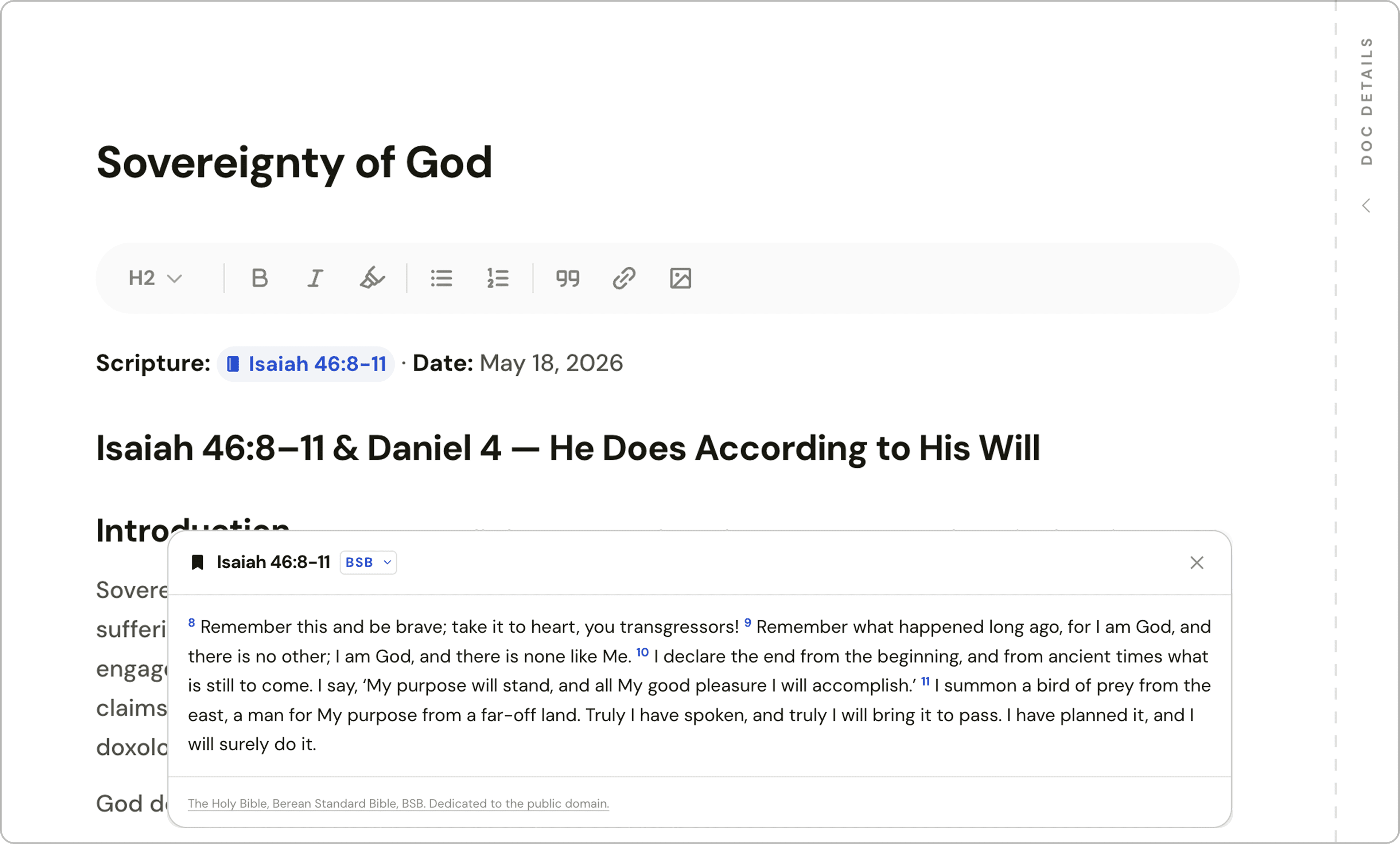 A Bible passage popup open over the writing editor
