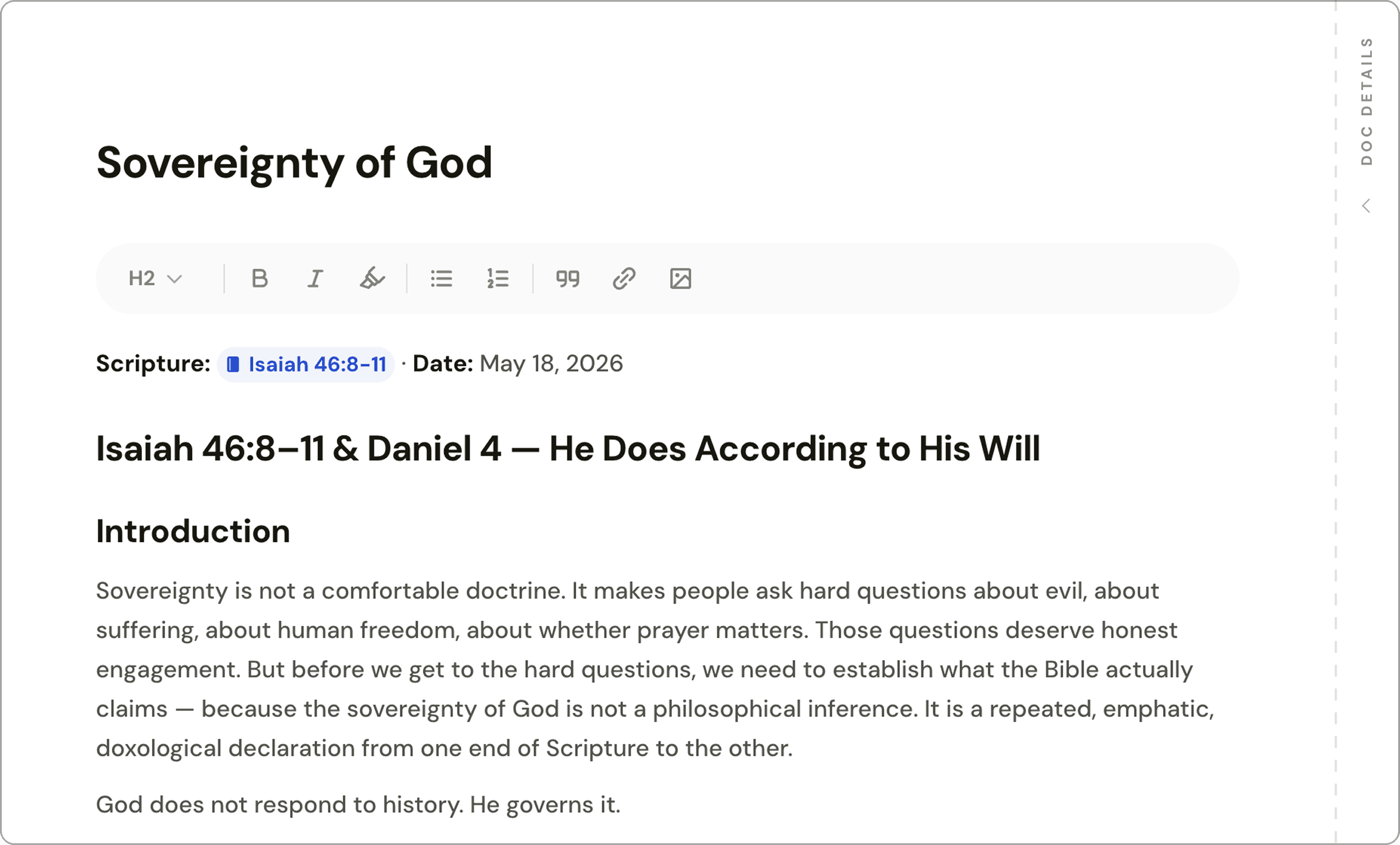 The Shepherd writing editor with a scripture passage in the document