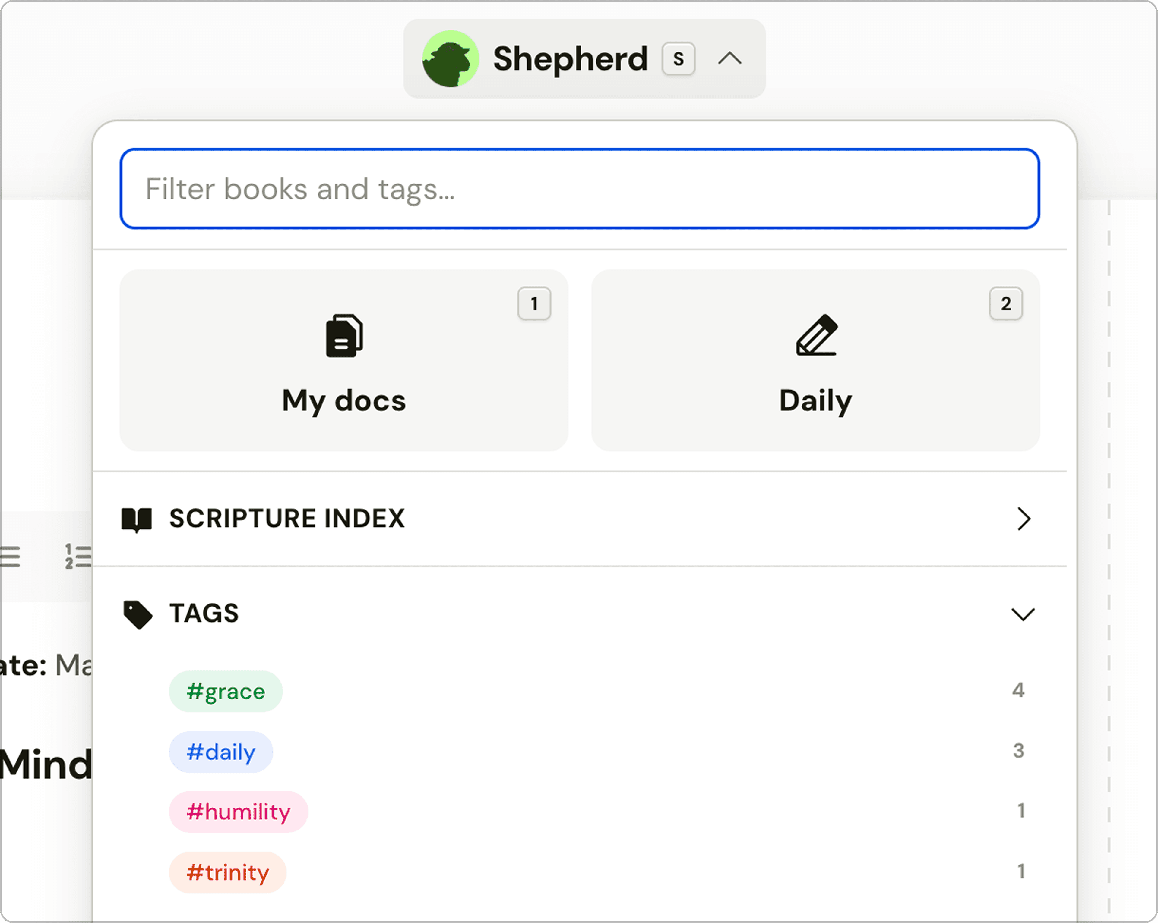 The Shepherd menu for navigating the library